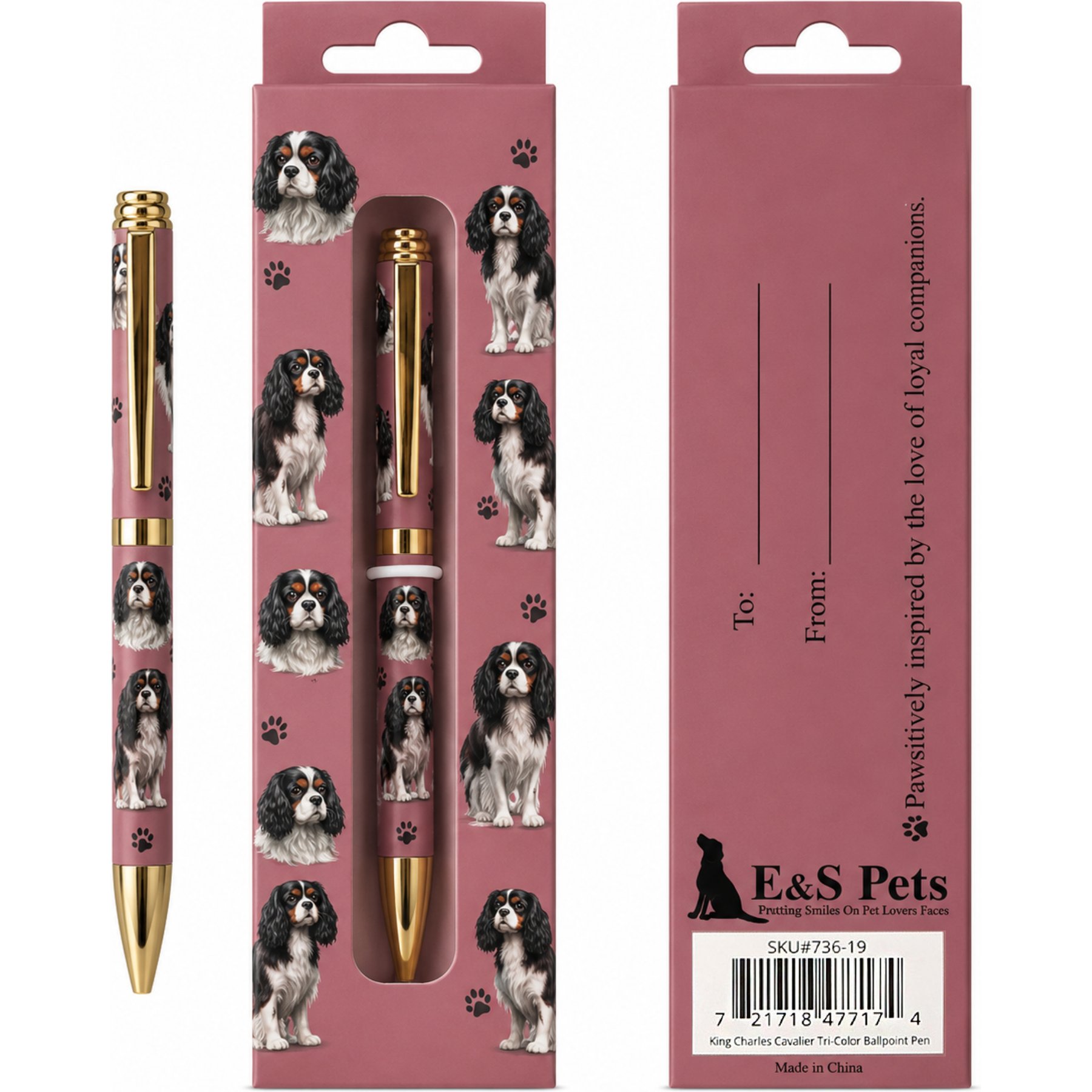 E&S PETS Smooth Writing & Engraved Clip King Charles Cavalier Tri-color Ballpoint Pen Stationery with Gift Box, Purple