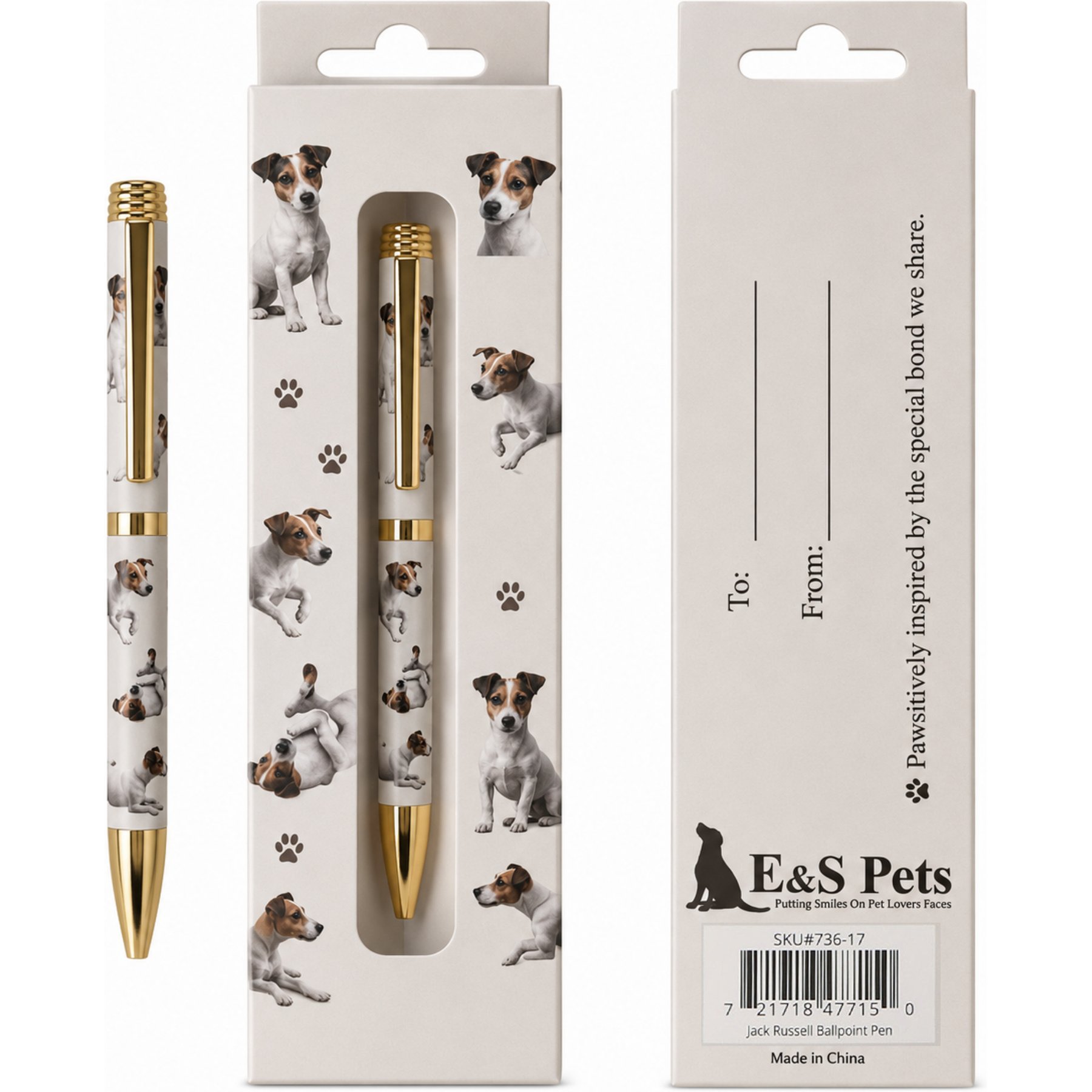 E&S PETS Smooth Writing & Engraved Clip Jack Russell Ballpoint Pen Stationery with Gift Box, Cream