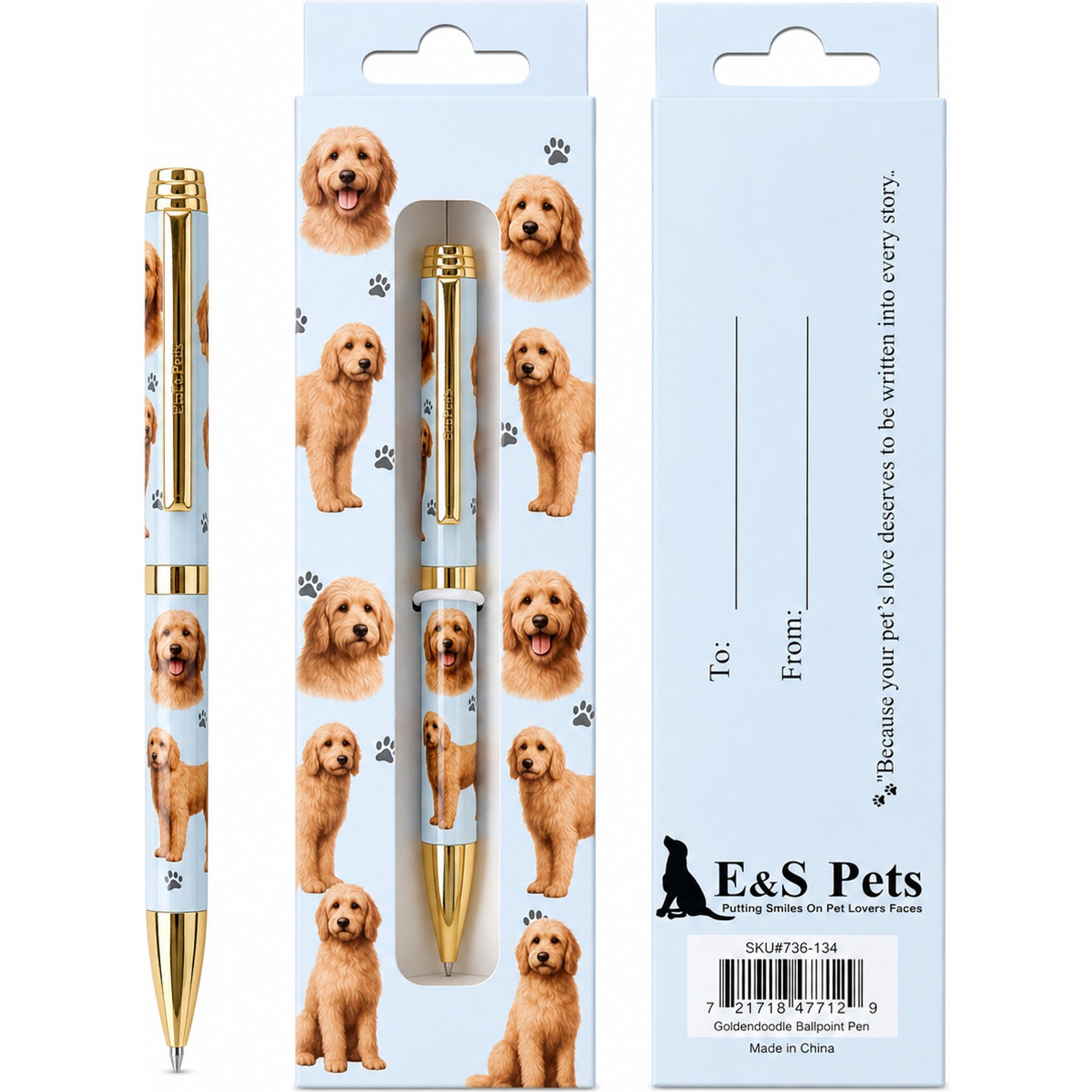 E&S PETS Smooth Writing & Engraved Clip Goldendoodle Ballpoint Pen Stationery with Gift Box, Light Blue