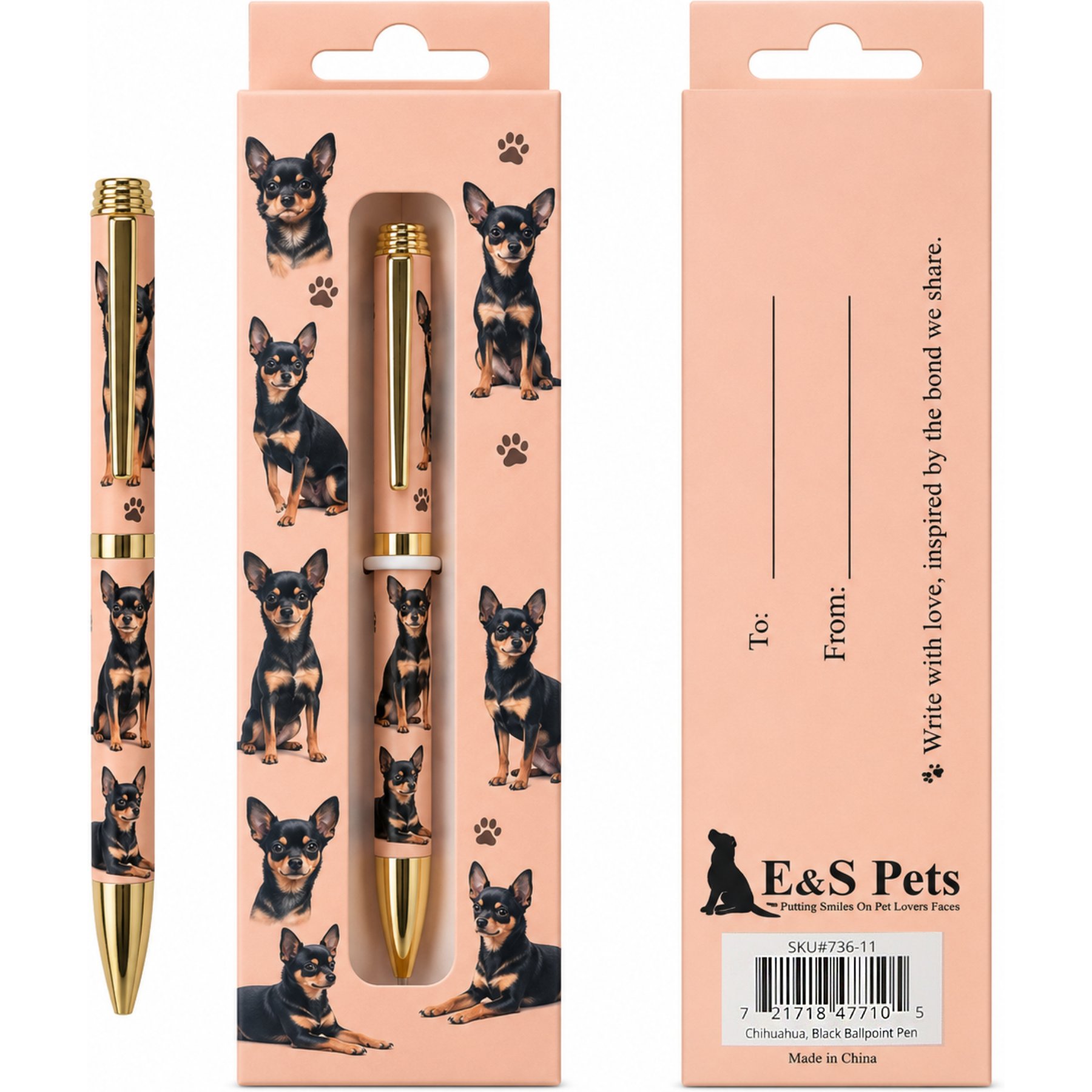 E&S PETS Smooth Writing & Engraved Clip Chihuahua Black Ballpoint Pen Stationery with Gift Box, Orange