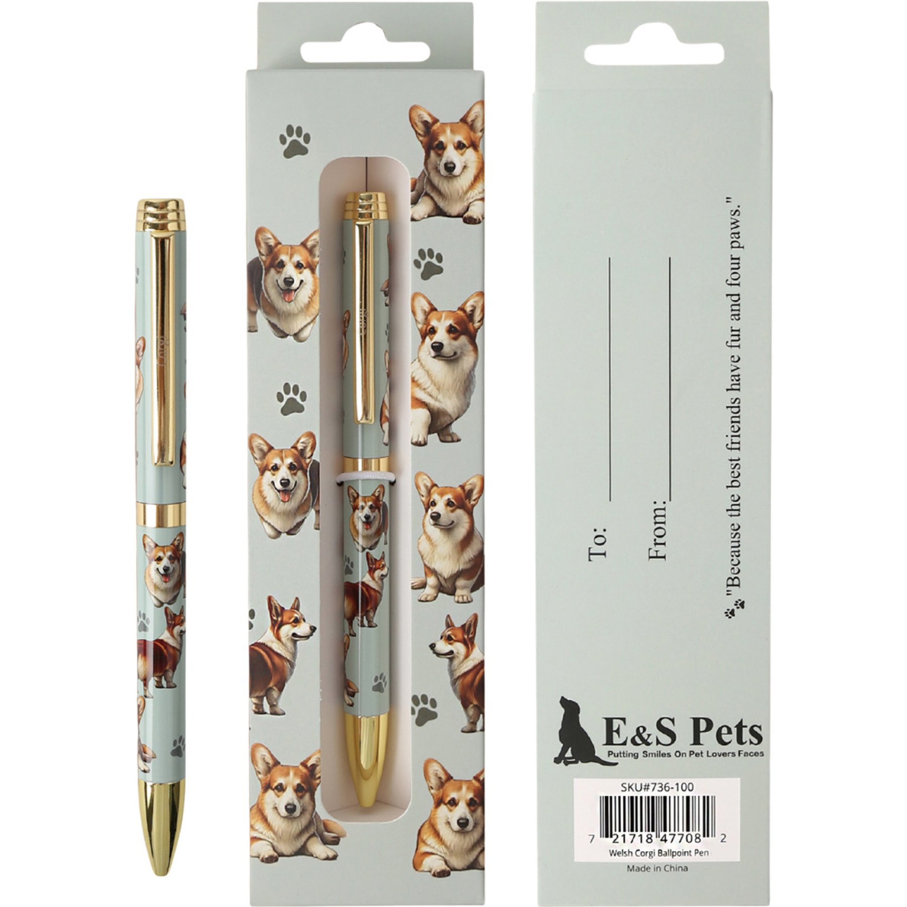E&S PETS Smooth Writing & Engraved Clip Welsh Corgi Ballpoint Pen Stationery with Gift Box, Steal