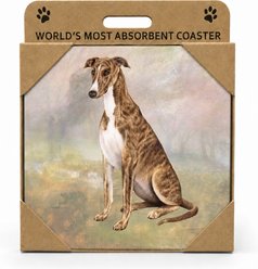 E&S PETS Greyhound Premium Ceramic Super Absorbent Cork Back Colorful Dog Art Coasters, 4 count
