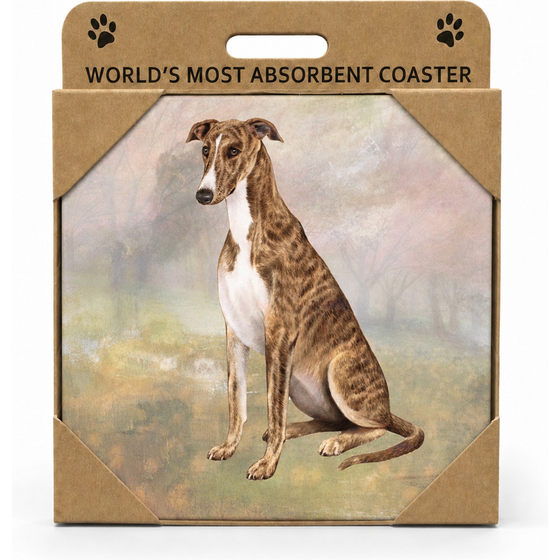 E&S PETS Greyhound Premium Ceramic Super Absorbent Cork Back Colorful Dog Art Coasters, 4 count