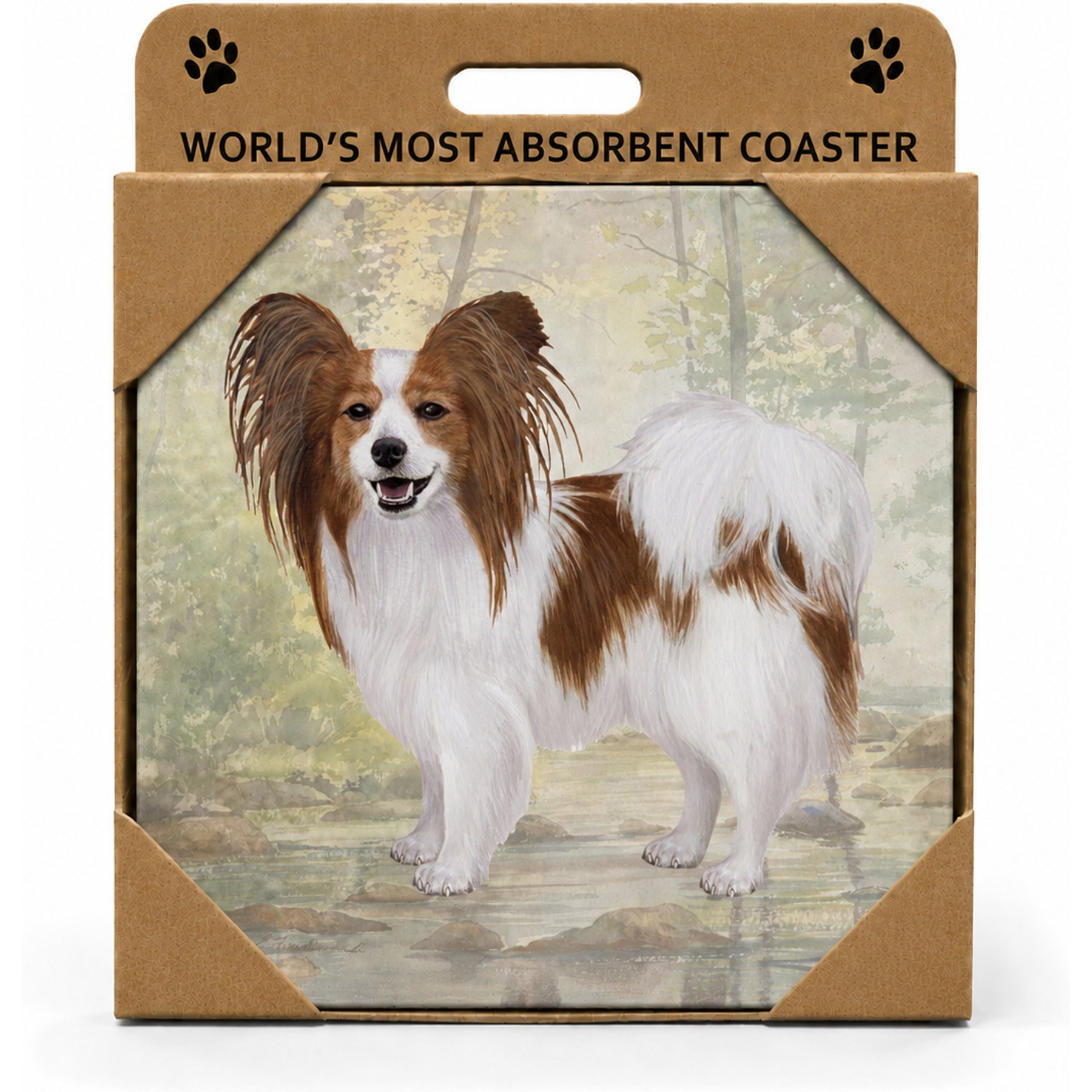 E&S PETS Papillon Premium Ceramic Super Absorbent Cork Back Colorful Dog Art Coasters, 4 count