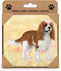 E&S PETS Cavalier Premium Ceramic Super Absorbent Cork Back Colorful Dog Art Coasters, 4 count