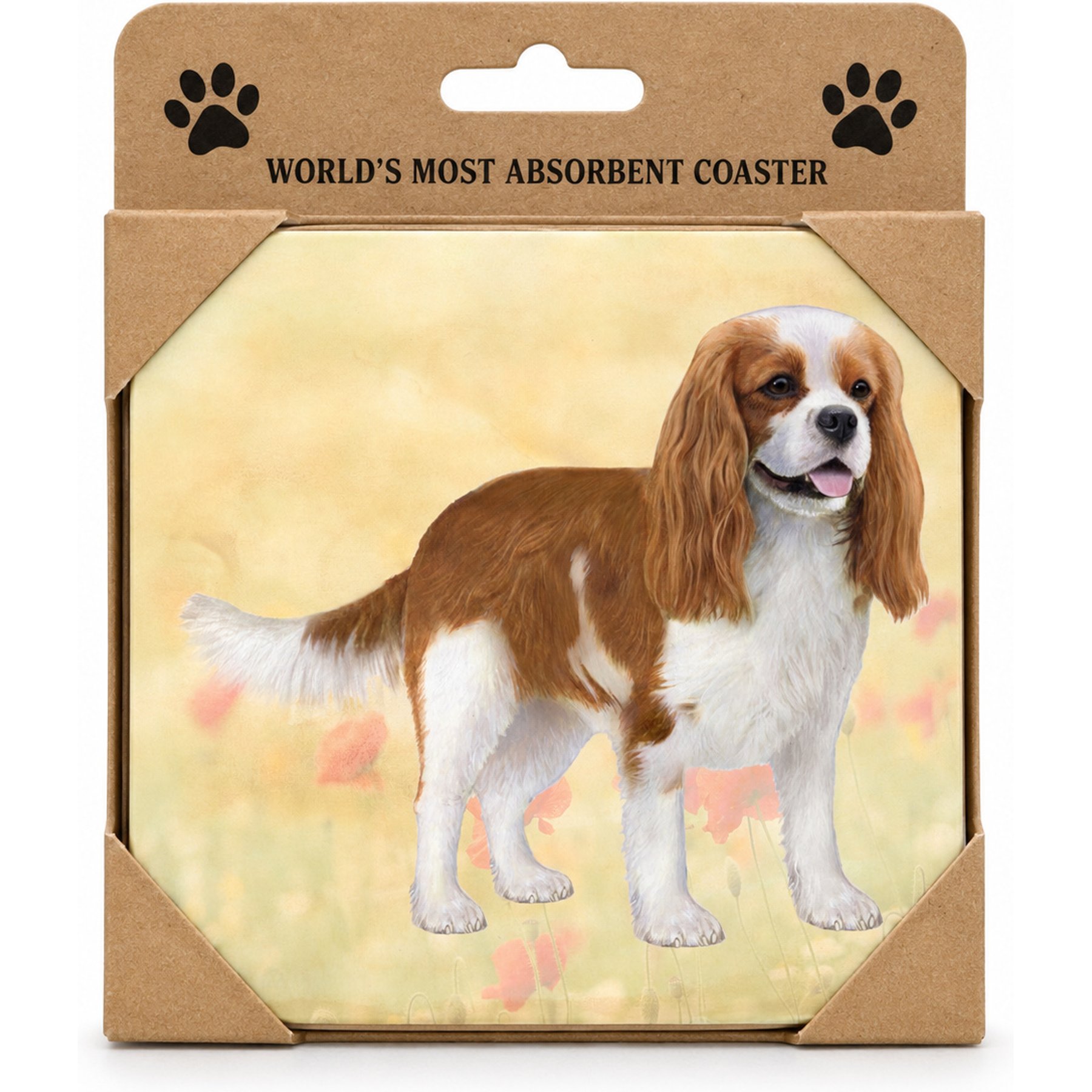 E&S PETS Cavalier Premium Ceramic Super Absorbent Cork Back Colorful Dog Art Coasters, 4 count