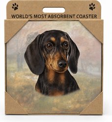 E&S PETS Dachshund Black Face Premium Ceramic Super Absorbent Cork Back Colorful Dog Art Coasters, 4 count