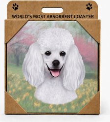 E&S PETS Poodle White Premium Ceramic Super Absorbent Cork Back Colorful Dog Art Coasters, 4 count