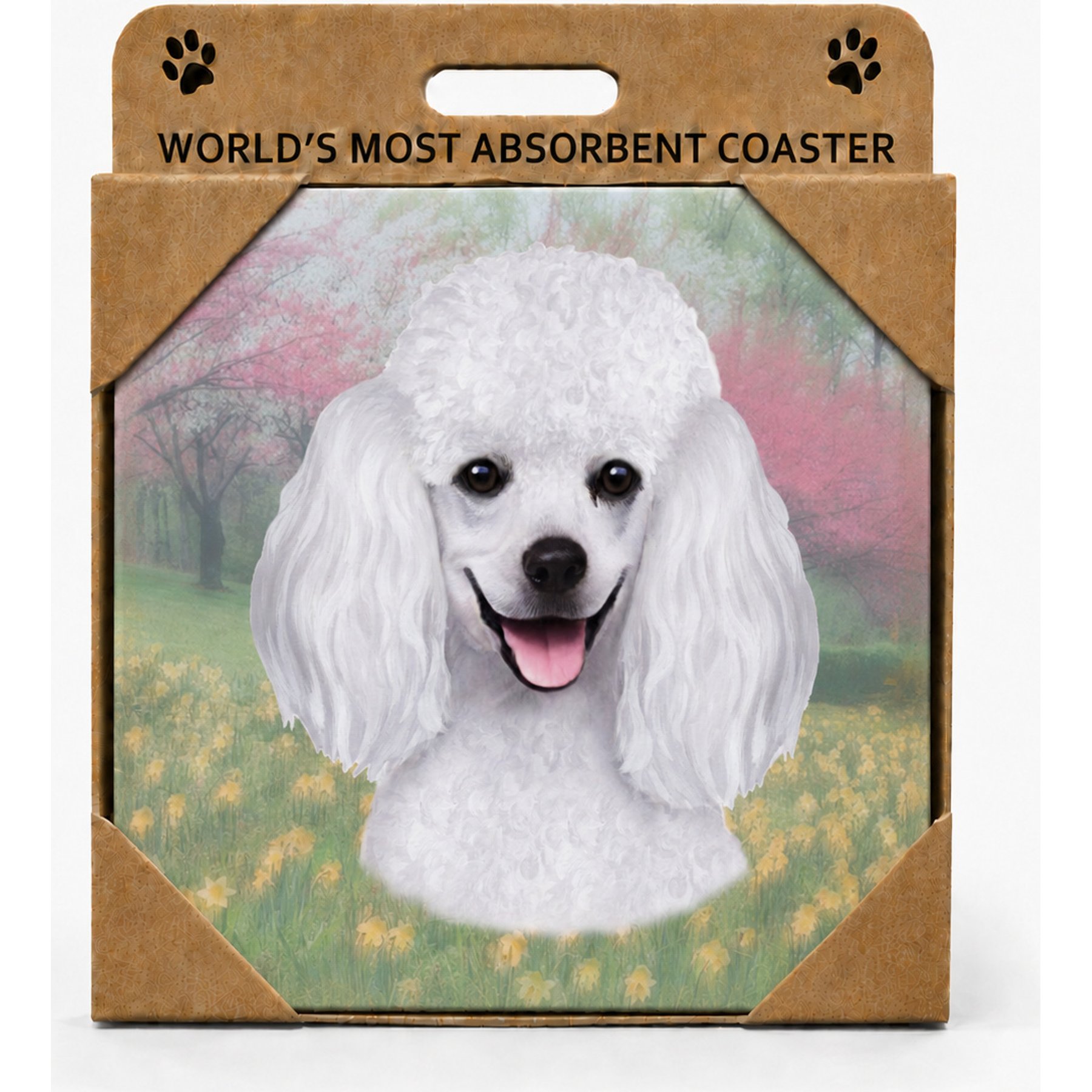 E&S PETS Poodle White Premium Ceramic Super Absorbent Cork Back Colorful Dog Art Coasters, 4 count