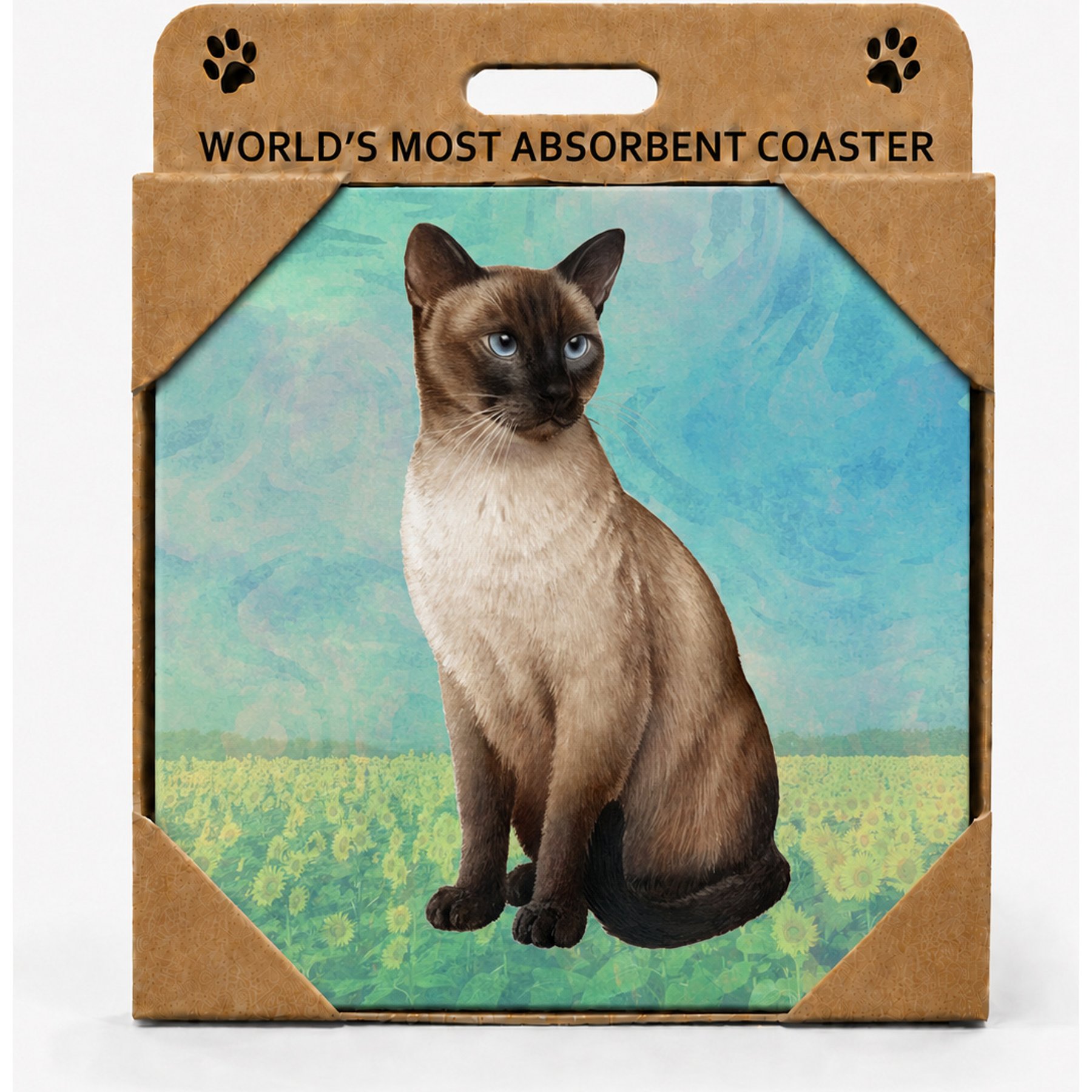 E&S PETS Siamese Cat Premium Ceramic Super Absorbent Cork Back Colorful Dog Art Coasters, 4 count