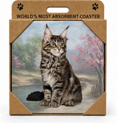 E&S PETS Maine Coon Premium Ceramic Super Absorbent Cork Back Colorful Dog Art Coasters, 4 count