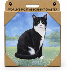 E&S PETS Black & White Cat Premium Ceramic Super Absorbent Cork Back Colorful Dog Art Coasters, 4 count