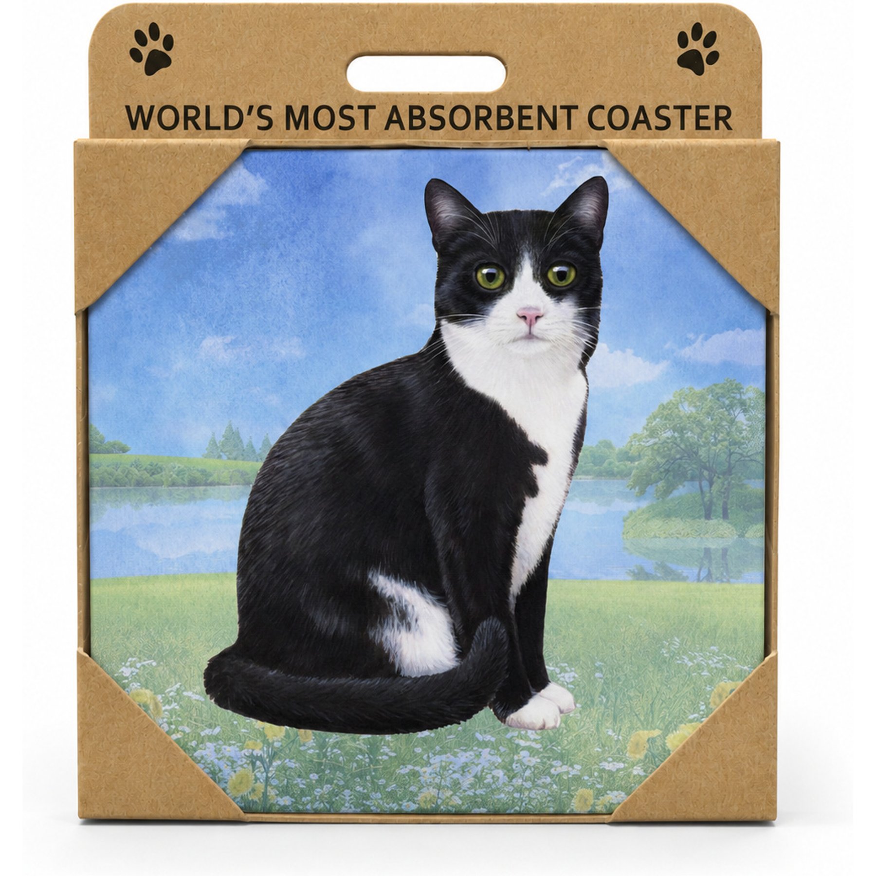 E&S PETS Black & White Cat Premium Ceramic Super Absorbent Cork Back Colorful Dog Art Coasters, 4 count