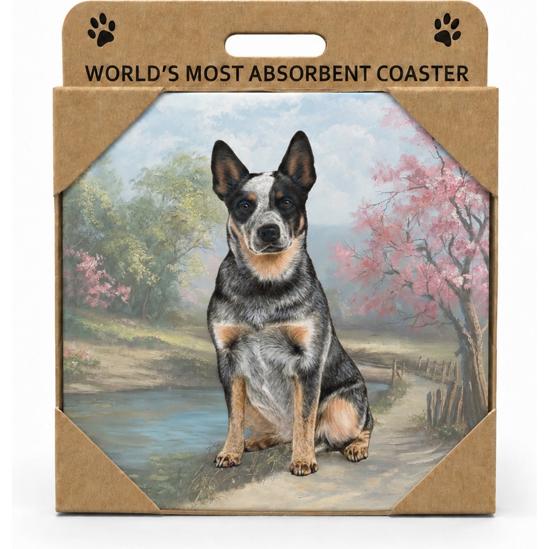 E&S PETS Australian Cattle Dog Premium Ceramic Super Absorbent Cork Back Colorful Dog Art Coasters, 4 count