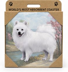 E&S PETS American Eskimo Premium Ceramic Super Absorbent Cork Back Colorful Dog Art Coasters, 4 count