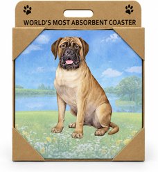 E&S PETS Bull Mastiff Premium Ceramic Super Absorbent Cork Back Colorful Dog Art Coasters, 4 count