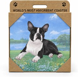 E&S PETS Boston Terrier Laying Premium Ceramic Super Absorbent Cork Back Colorful Dog Art Coasters, 4 count