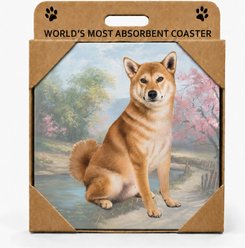 E&S PETS Shiba Inu Premium Ceramic Super Absorbent Cork Back Colorful Dog Art Coasters, 4 count