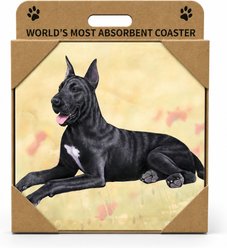 E&S PETS Great Dane Black Laying Premium Ceramic Super Absorbent Cork Back Colorful Dog Art Coasters, 4 count
