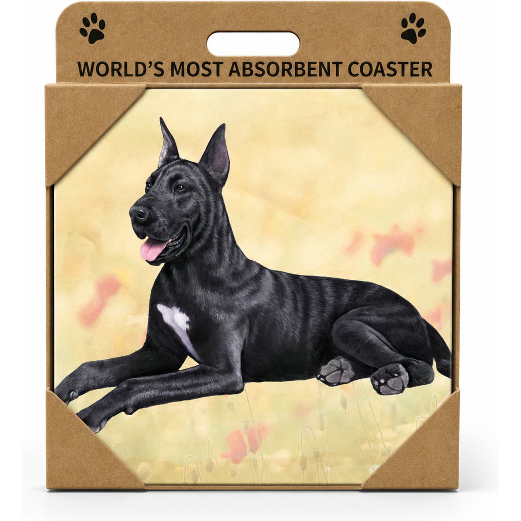 E&S PETS Great Dane Black Laying Premium Ceramic Super Absorbent Cork Back Colorful Dog Art Coasters, 4 count