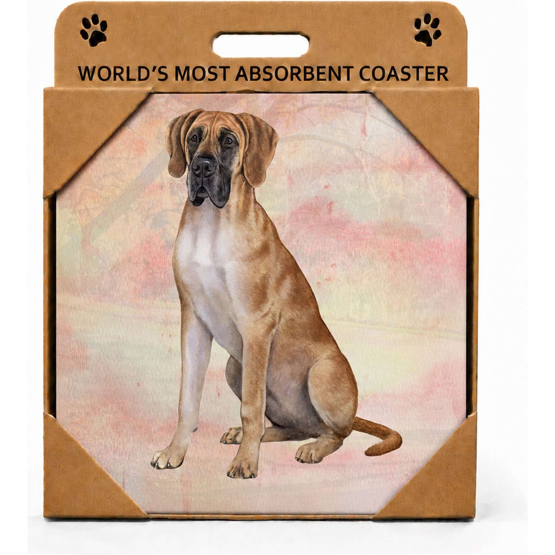 E&S PETS Great Dane Sitting Premium Ceramic Super Absorbent Cork Back Colorful Dog Art Coasters, 4 count