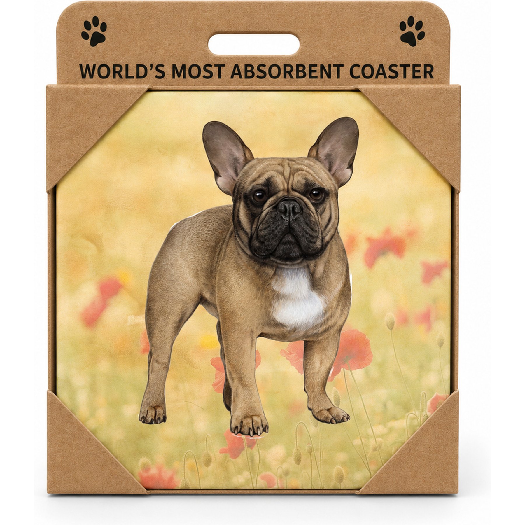 E&S PETS French Bulldog Premium Ceramic Super Absorbent Cork Back Colorful Dog Art Coasters, 4 count