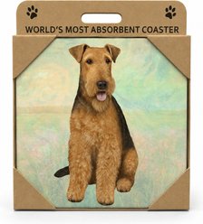 E&S PETS Airedale Premium Ceramic Super Absorbent Cork Back Colorful Dog Art Coasters, 4 count