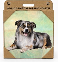 E&S PETS Australian Shepherd Premium Ceramic Super Absorbent Cork Back Colorful Dog Art Coasters, 4 count