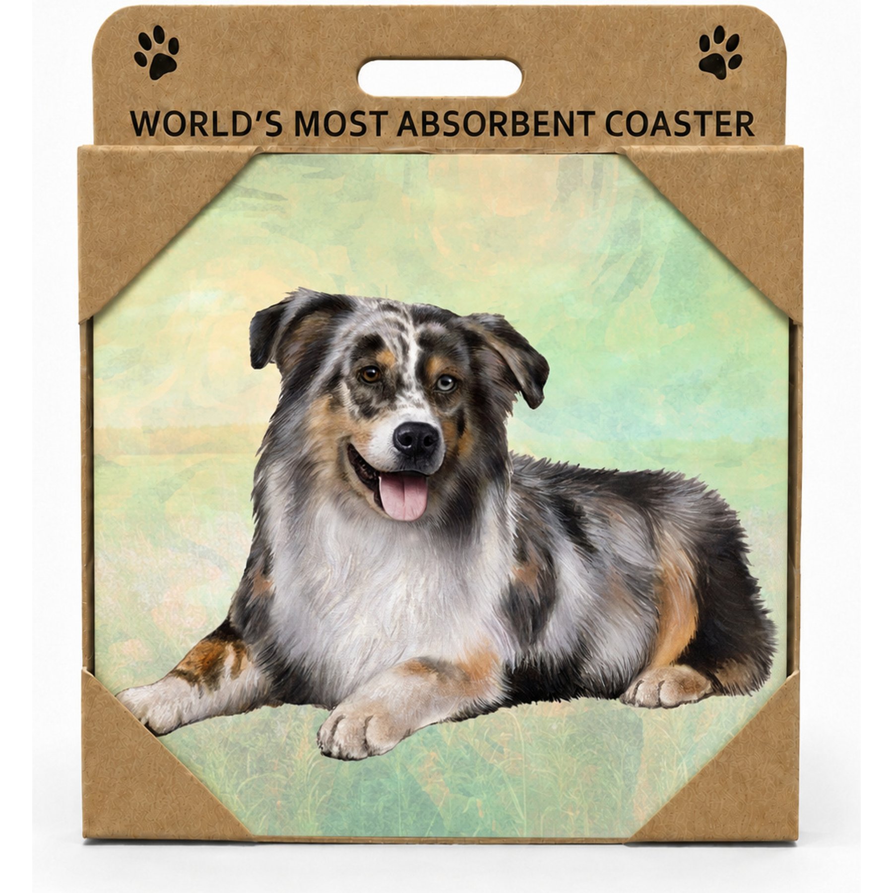 E&S PETS Australian Shepherd Premium Ceramic Super Absorbent Cork Back Colorful Dog Art Coasters, 4 count