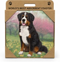 E&S PETS Bernese Mt. Dog Premium Ceramic Super Absorbent Cork Back Colorful Dog Art Coasters, 4 count