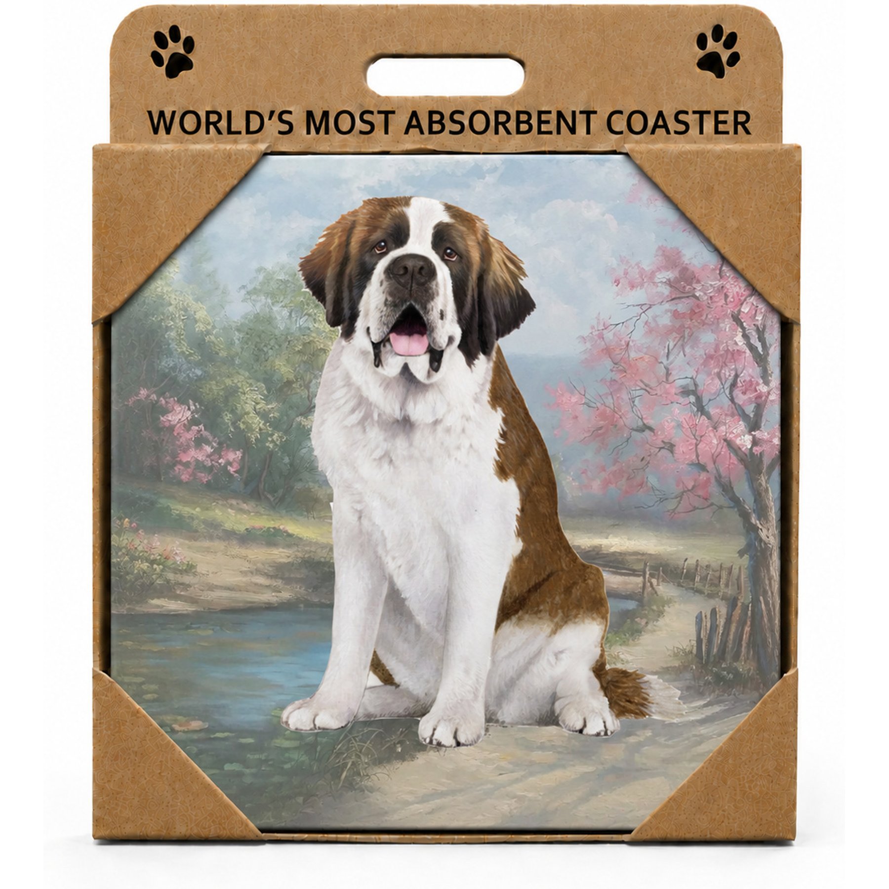 E&S PETS St. Bernard Premium Ceramic Super Absorbent Cork Back Colorful Dog Art Coasters, 4 count