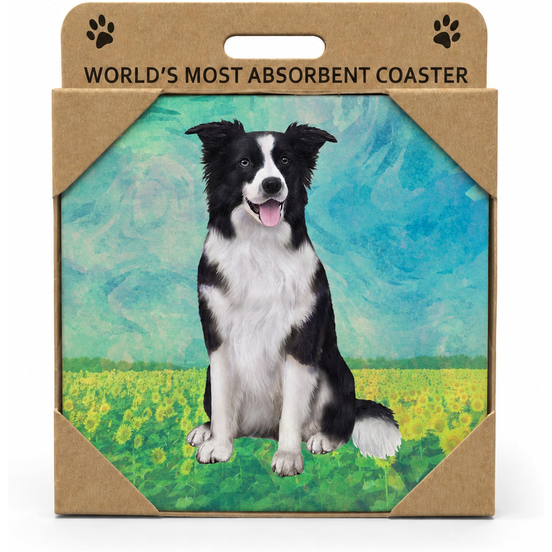 E&S PETS Border Collie Premium Ceramic Super Absorbent Cork Back Colorful Dog Art Coasters, 4 count