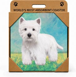 E&S PETS West Highland Terrier Premium Ceramic Super Absorbent Cork Back Colorful Dog Art Coasters, 4 count