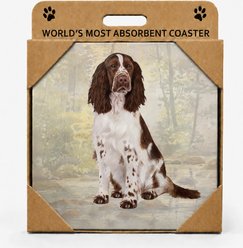 E&S PETS Springer Spaniel Premium Ceramic Super Absorbent Cork Back Colorful Dog Art Coasters, 4 count