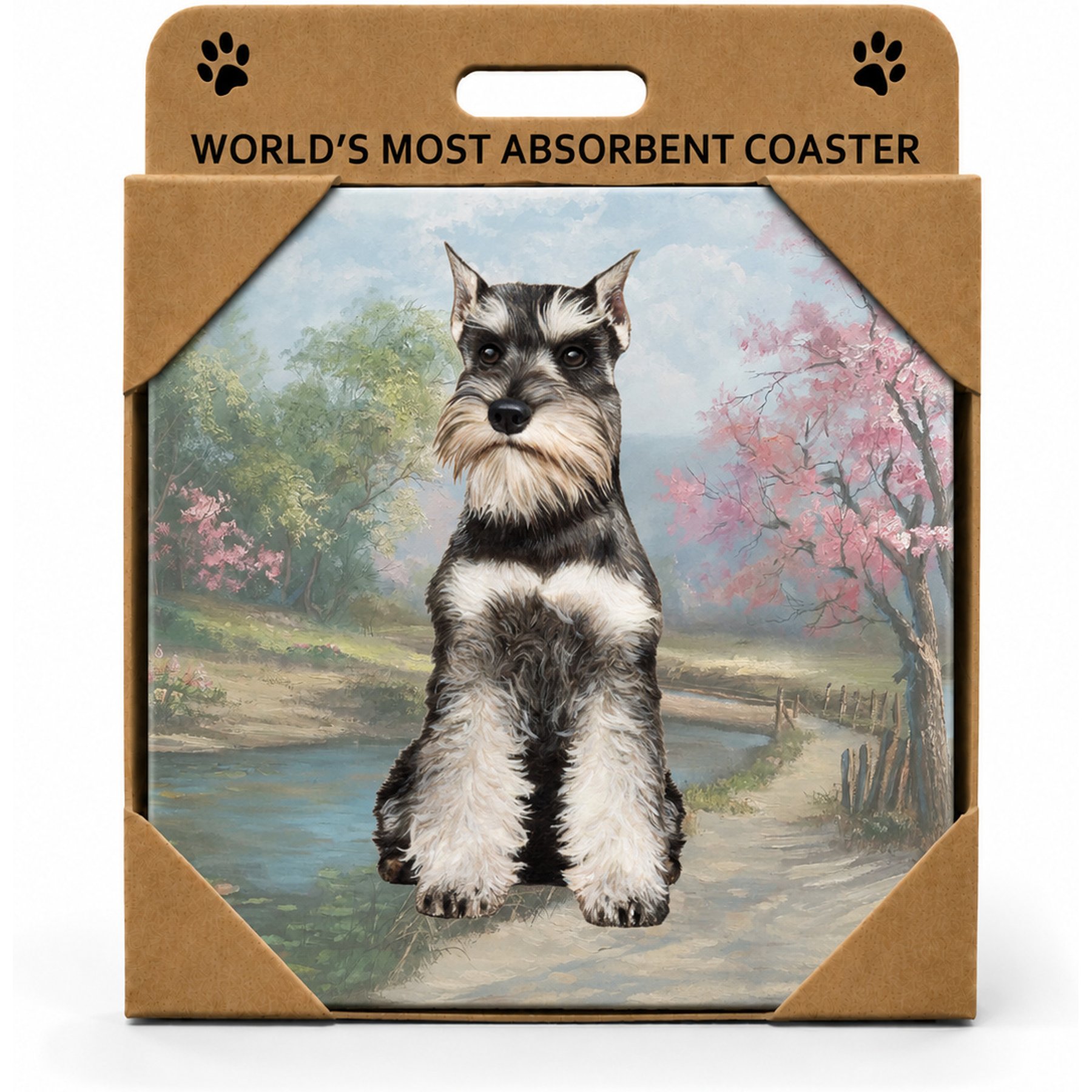E&S PETS Schnauzer Cropped Premium Ceramic Super Absorbent Cork Back Colorful Dog Art Coasters, 4 count