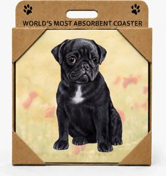 E&S PETS Pug Black Premium Ceramic Super Absorbent Cork Back Colorful Dog Art Coasters, 4 count