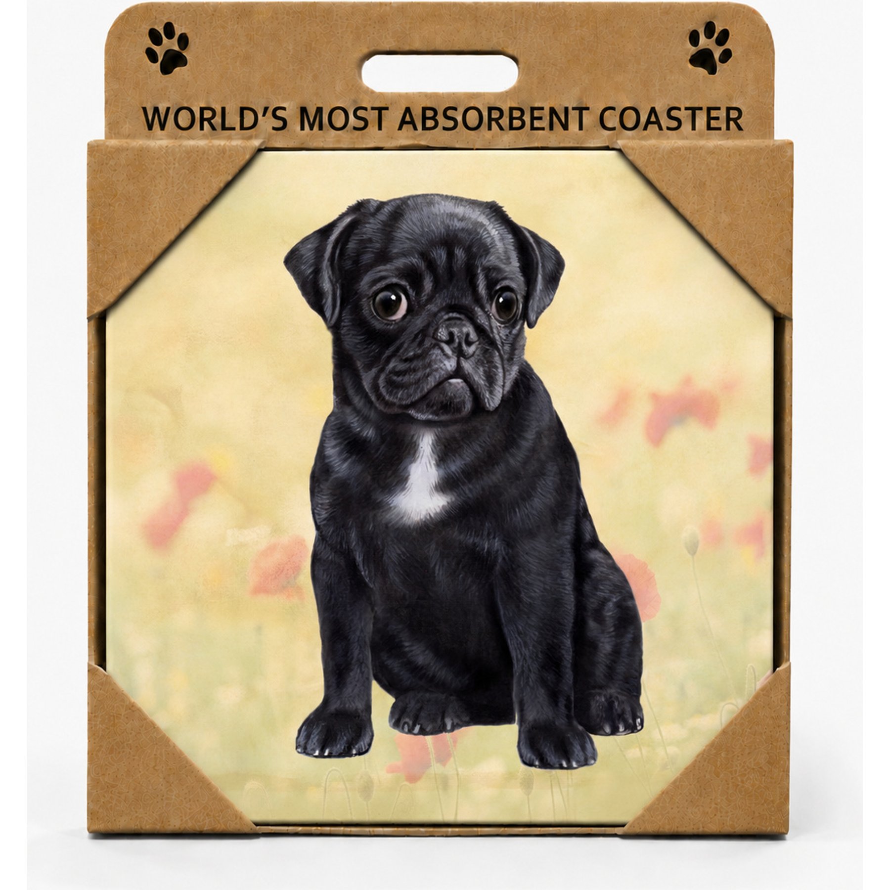 E&S PETS Pug Black Premium Ceramic Super Absorbent Cork Back Colorful Dog Art Coasters, 4 count