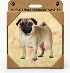 E&S PETS Pug Standing Premium Ceramic Super Absorbent Cork Back Colorful Dog Art Coasters, 4 count