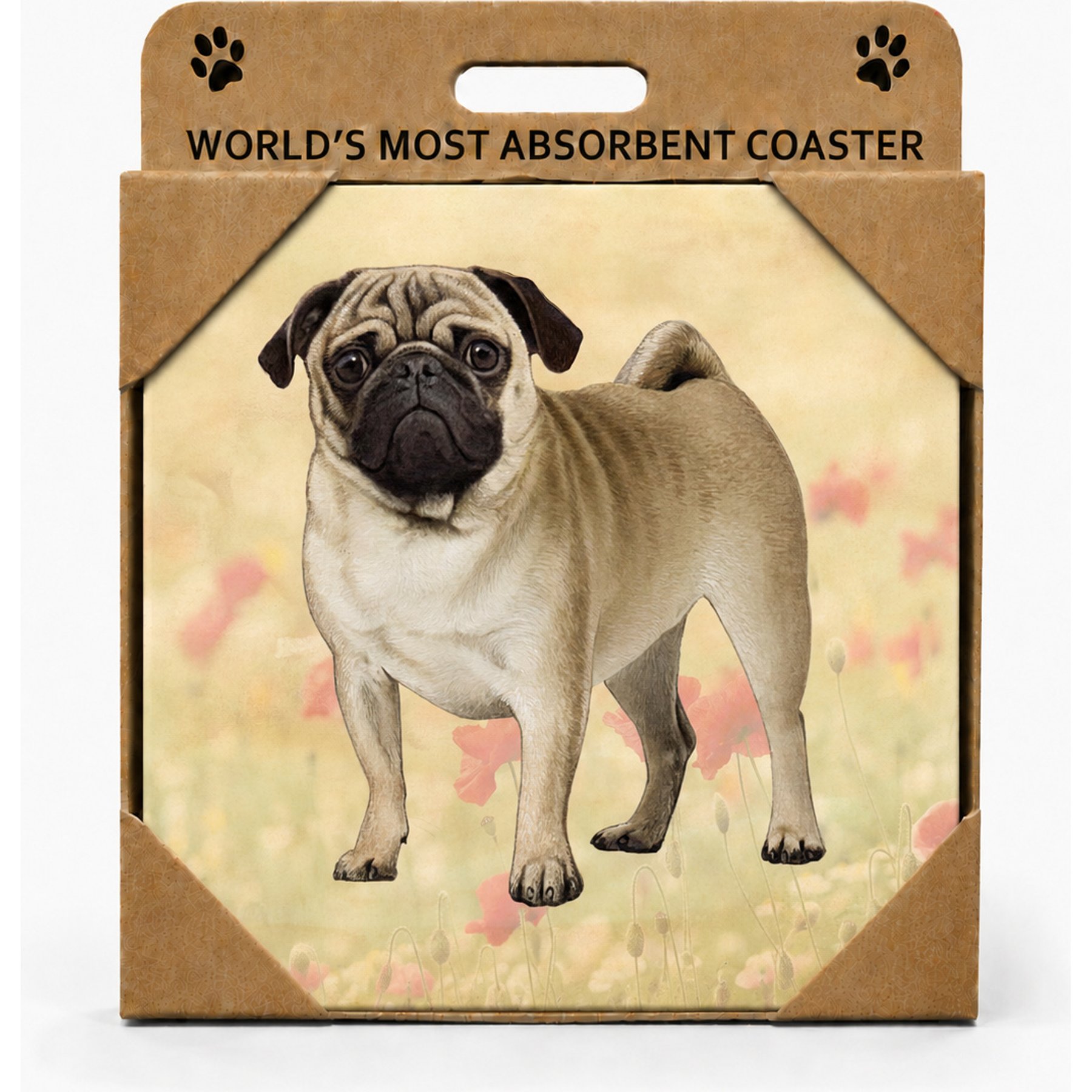 E&S PETS Pug Standing Premium Ceramic Super Absorbent Cork Back Colorful Dog Art Coasters, 4 count