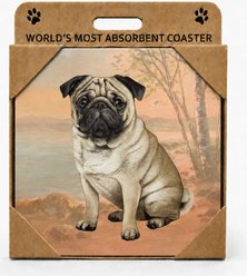 E&S PETS Pug Sitting Premium Ceramic Super Absorbent Cork Back Colorful Dog Art Coasters, 4 count