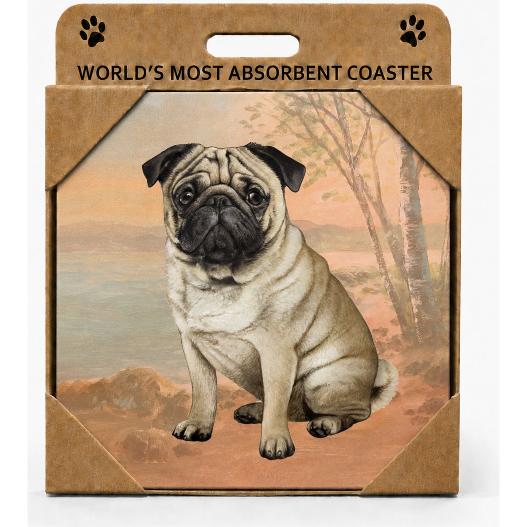 E&S PETS Pug Sitting Premium Ceramic Super Absorbent Cork Back Colorful Dog Art Coasters, 4 count