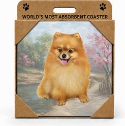 E&S PETS Pomeranian Premium Ceramic Super Absorbent Cork Back Colorful Dog Art Coasters, 4 count