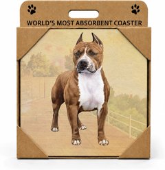 E&S PETS Pit Bull Brindle Premium Ceramic Super Absorbent Cork Back Colorful Dog Art Coasters, 4 count