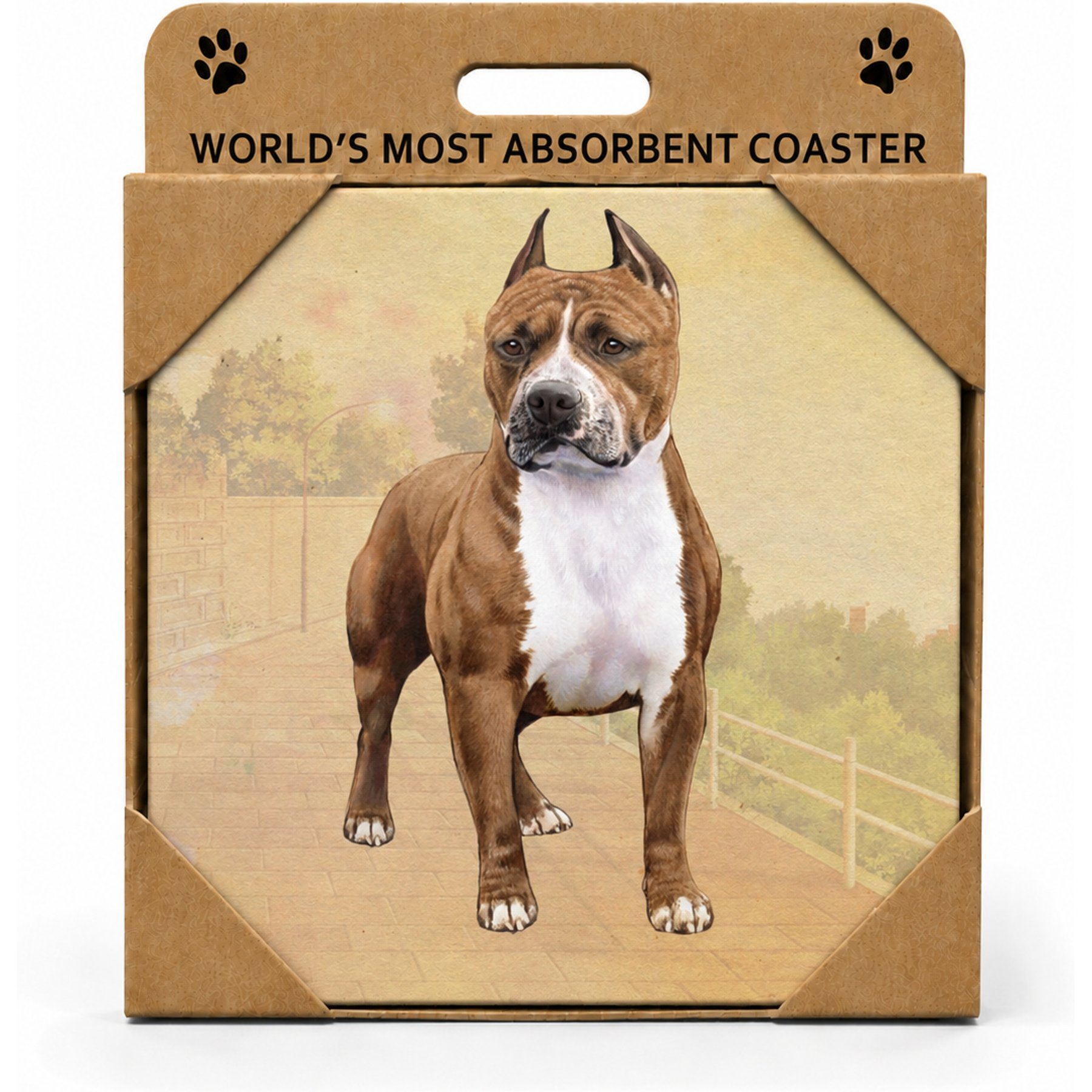 E&S PETS Pit Bull Brindle Premium Ceramic Super Absorbent Cork Back Colorful Dog Art Coasters, 4 count