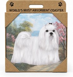E&S PETS Maltese Premium Ceramic Super Absorbent Cork Back Colorful Dog Art Coasters, 4 count