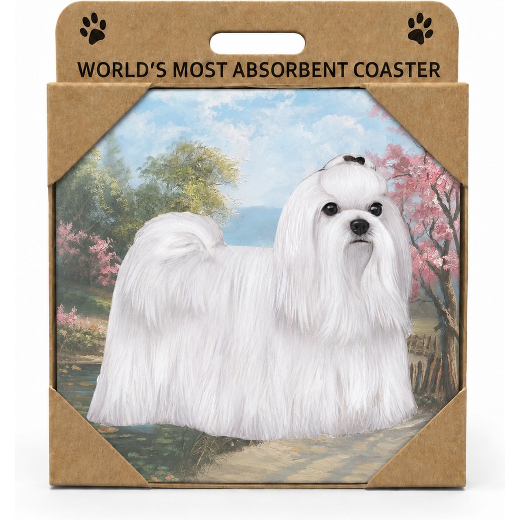 E&S PETS Maltese Premium Ceramic Super Absorbent Cork Back Colorful Dog Art Coasters, 4 count