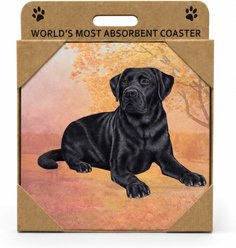 E&S PETS Labrador Black Laying Premium Ceramic Super Absorbent Cork Back Colorful Dog Art Coasters, 4 count