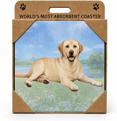 E&S PETS Labrador Yellow Laying Premium Ceramic Super Absorbent Cork Back Colorful Dog Art Coasters, 4 count