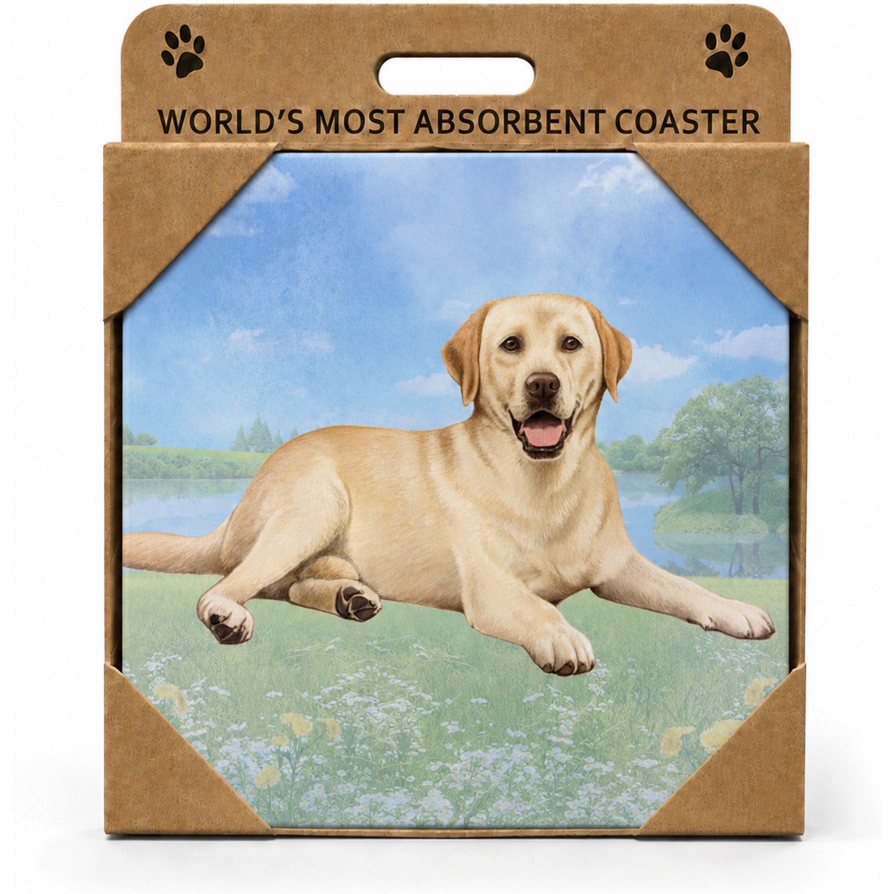 E&S PETS Labrador Yellow Laying Premium Ceramic Super Absorbent Cork Back Colorful Dog Art Coasters, 4 count