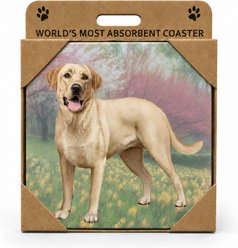 E&S PETS Labrador Yellow Standing Premium Ceramic Super Absorbent Cork Back Colorful Dog Art Coasters, 4 count
